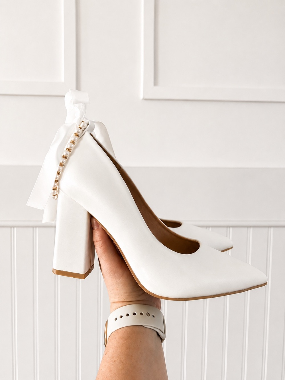 Elegant White Block Heel Pumps with Pearl Ribbon Accent